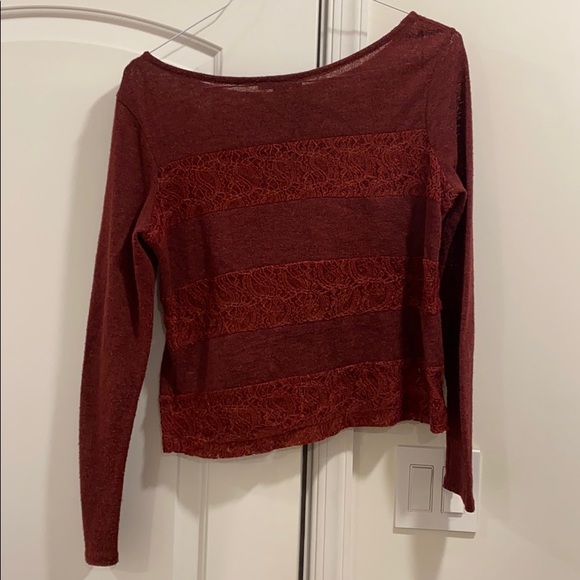 Burgundy Sweater with Lace Stripes-great for Fall - Picture 2 of 2